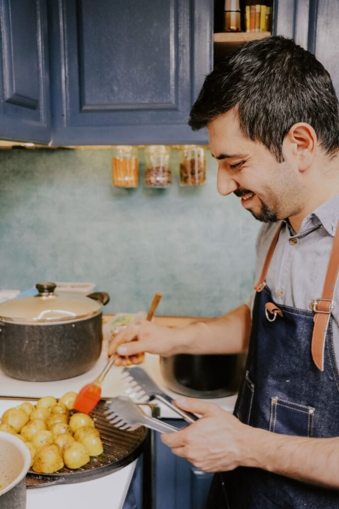 Kitchen tools organized on modern white countertop for everyday cooking